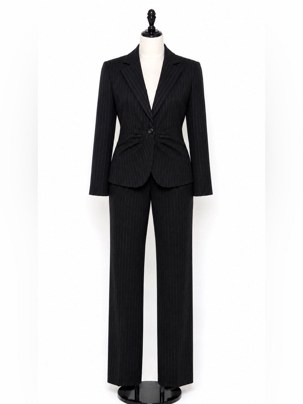 Sharagano Black Pinstripe Pantsuit Size 14 Lined Straight Leg Career Office